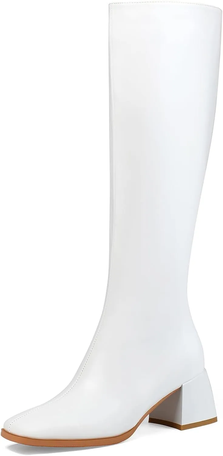 Knee High Boots for Women 70s Boots with Chunky Heel, Square Toe Tall Boots Side Zipper Block Heel Dress Boots