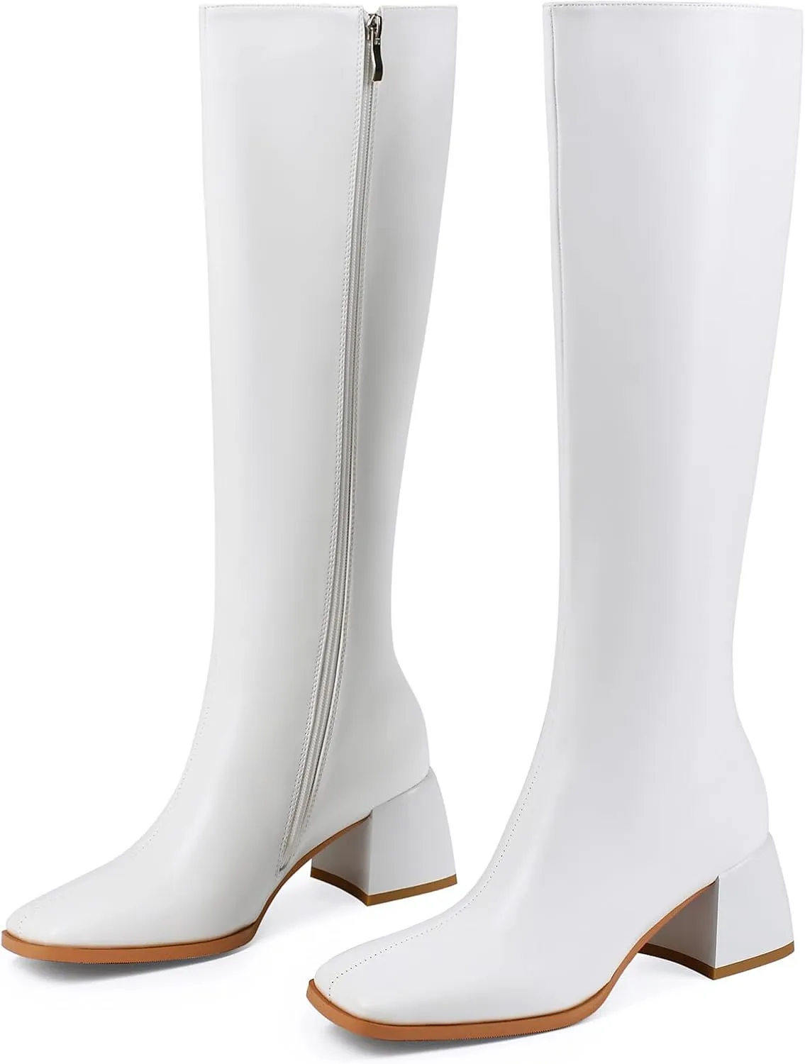 Knee High Boots for Women 70s Boots with Chunky Heel, Square Toe Tall Boots Side Zipper Block Heel Dress Boots