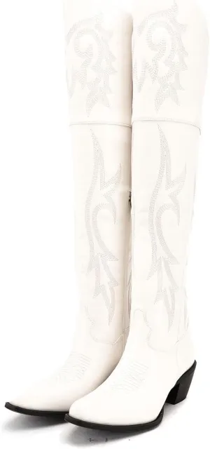 Knee High Tall Cowboy Boots Women Vintage Embroidered Pointed Platform Over the Knee Cowgirl Boots Faux Suede Western Boots