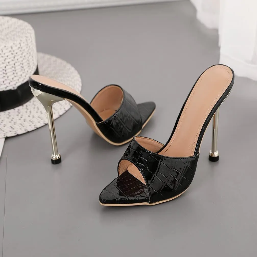 KOKOMOMO Womens Pointed Open Toe Stiletto Mules Slip On High Heel Slides Sandals
