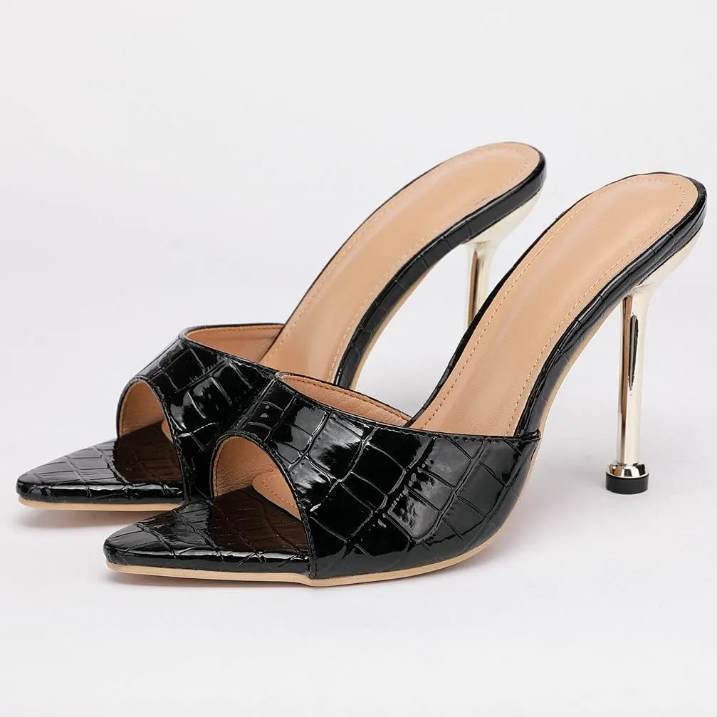 KOKOMOMO Womens Pointed Open Toe Stiletto Mules Slip On High Heel Slides Sandals