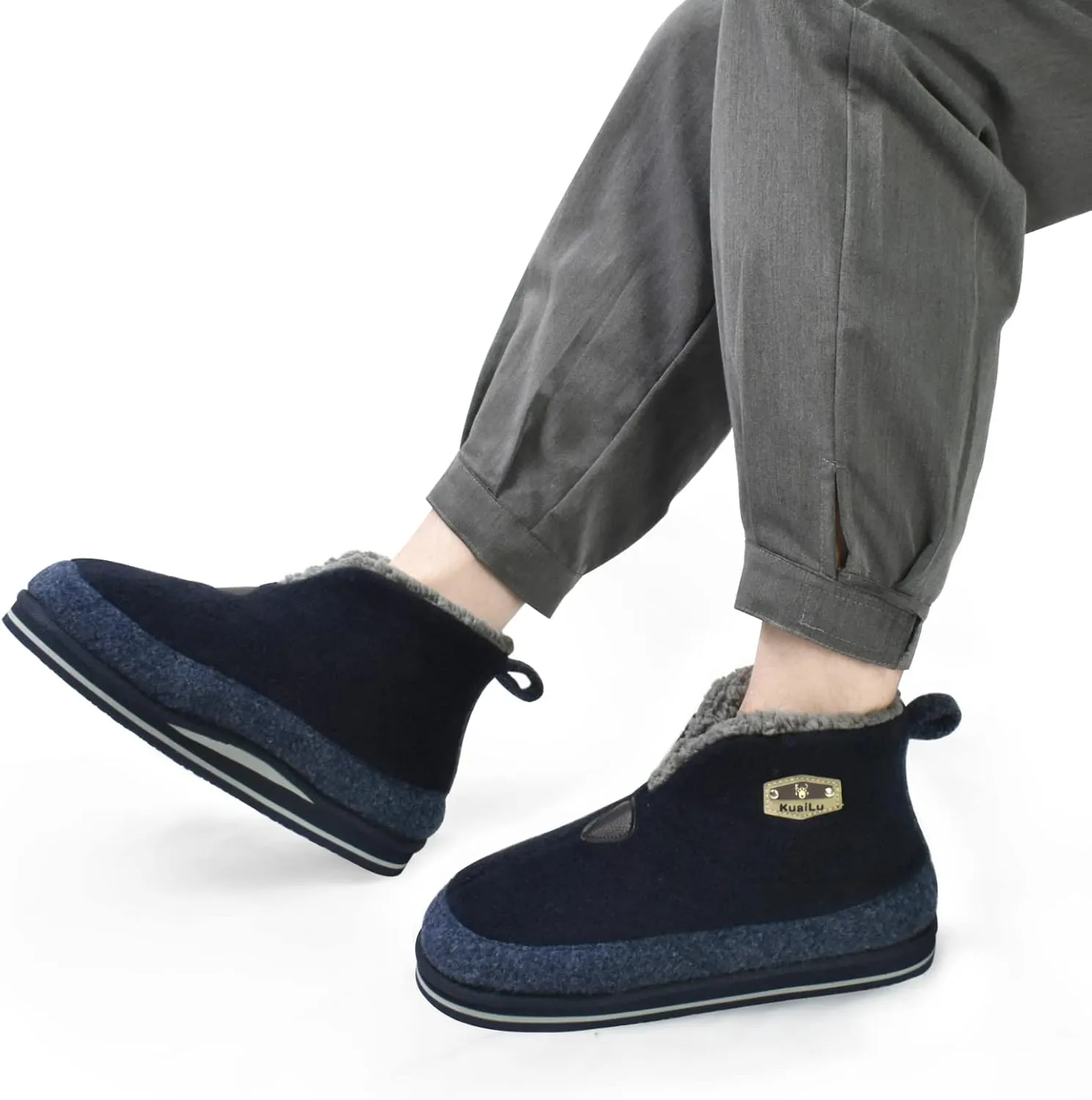 KuaiLu Mens Winter Slippers Memory Foam Slipper Boots for Men Cozy Felt Wool House Booties with Warm Sherpa Plush Lining Non-slip Rubber Sole Indoor Outdoor 7-14