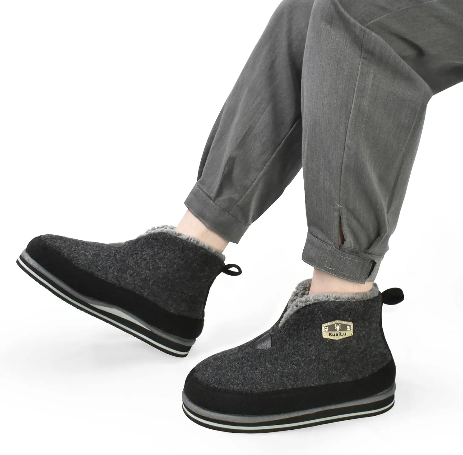 KuaiLu Mens Winter Slippers Memory Foam Slipper Boots for Men Cozy Felt Wool House Booties with Warm Sherpa Plush Lining Non-slip Rubber Sole Indoor Outdoor 7-14