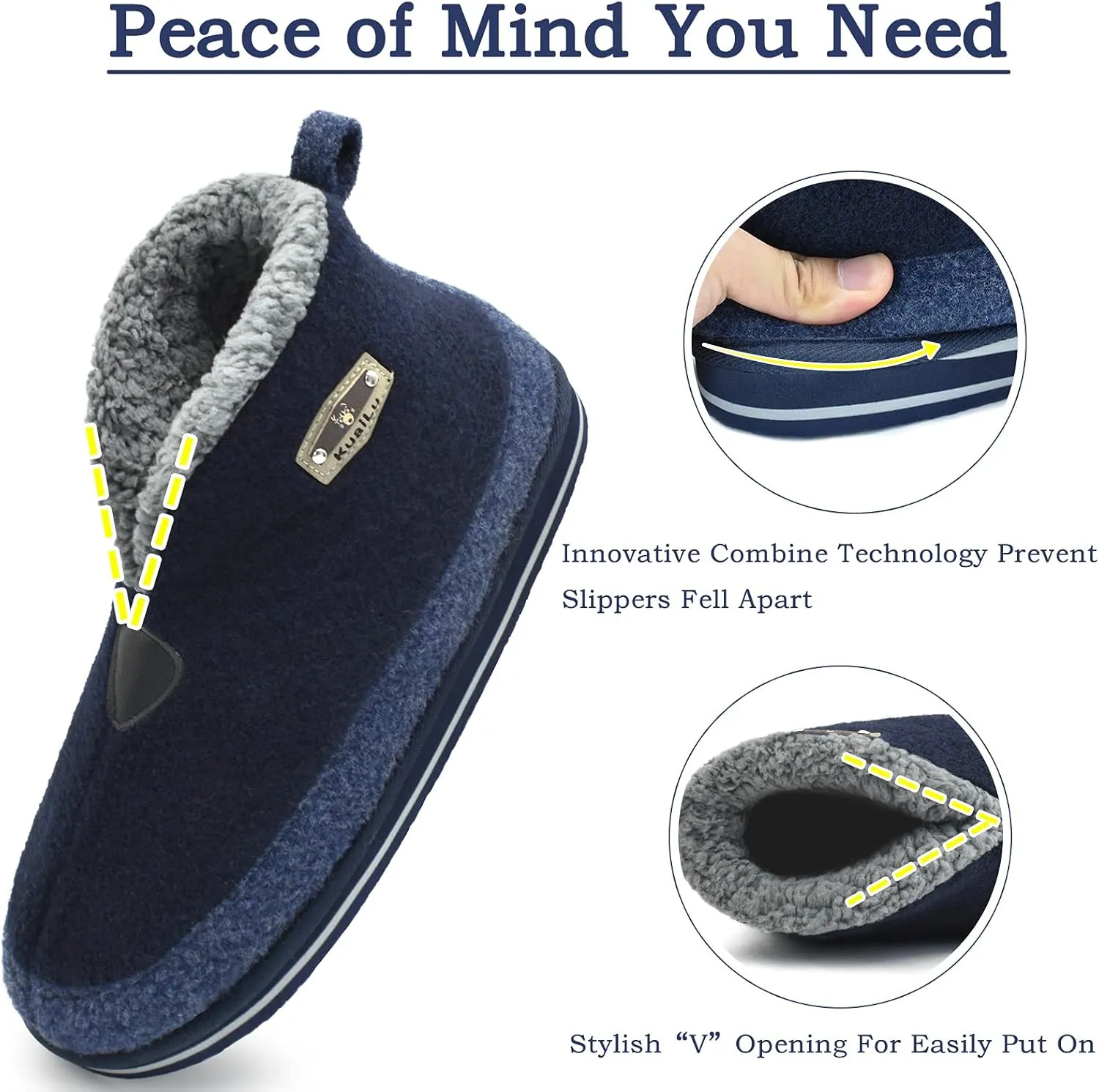 KuaiLu Mens Winter Slippers Memory Foam Slipper Boots for Men Cozy Felt Wool House Booties with Warm Sherpa Plush Lining Non-slip Rubber Sole Indoor Outdoor 7-14