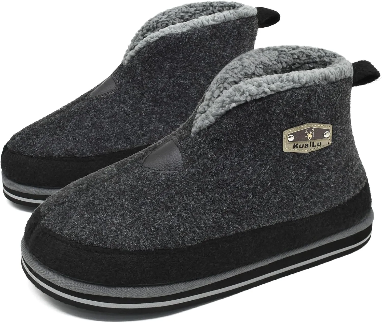 KuaiLu Mens Winter Slippers Memory Foam Slipper Boots for Men Cozy Felt Wool House Booties with Warm Sherpa Plush Lining Non-slip Rubber Sole Indoor Outdoor 7-14