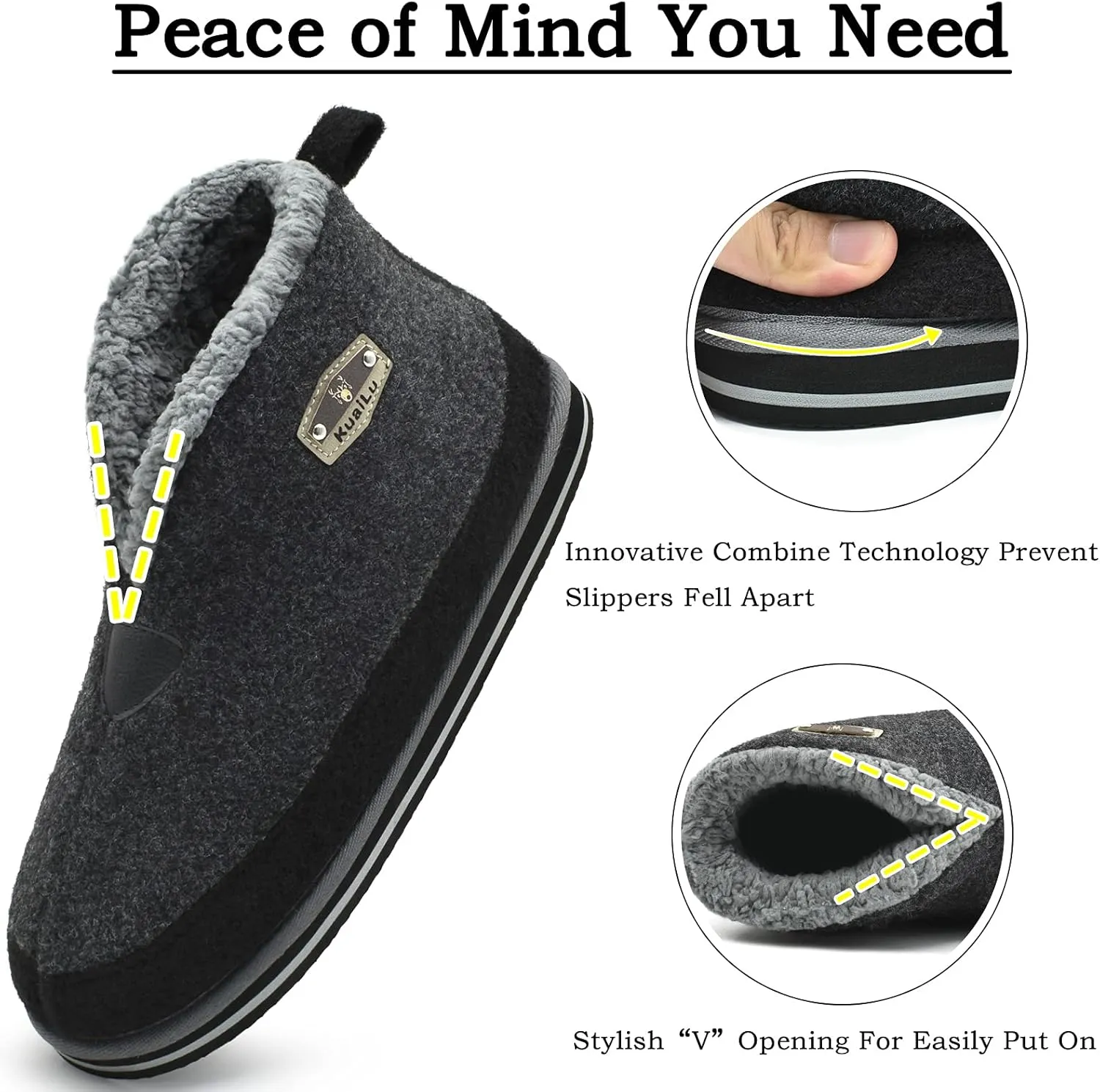 KuaiLu Mens Winter Slippers Memory Foam Slipper Boots for Men Cozy Felt Wool House Booties with Warm Sherpa Plush Lining Non-slip Rubber Sole Indoor Outdoor 7-14