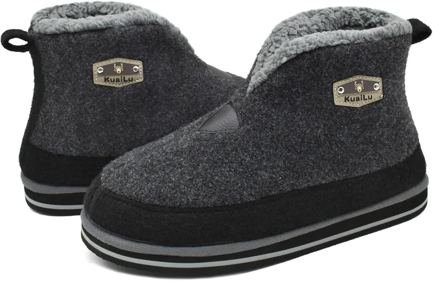 KuaiLu Mens Winter Slippers Memory Foam Slipper Boots for Men Cozy Felt Wool House Booties with Warm Sherpa Plush Lining Non-slip Rubber Sole Indoor Outdoor 7-14
