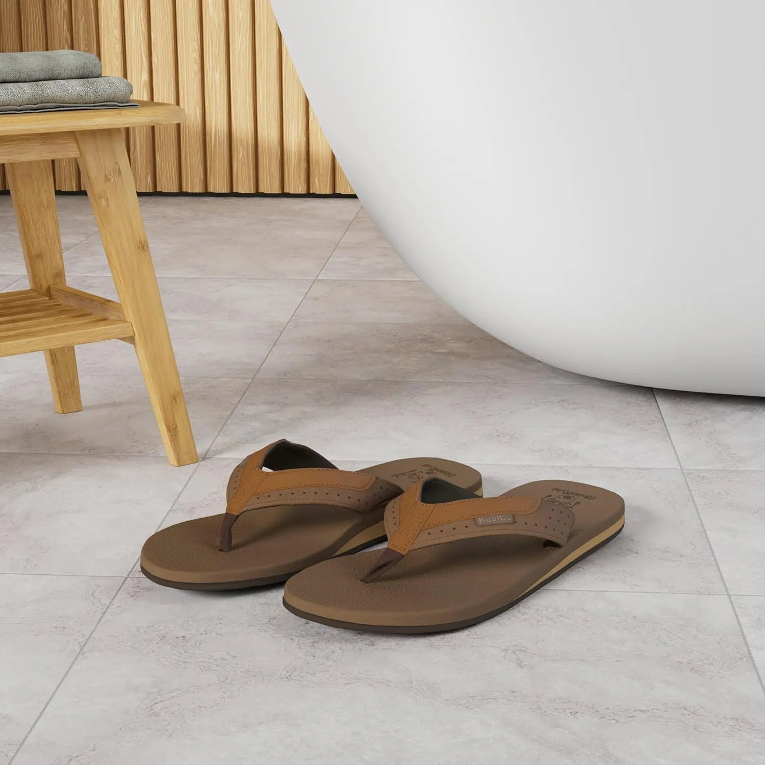 KuaiLu Men's Yoga Mat Leather Flip Flops with Arch Support Comfortable Cushion Walking Thong Sandals Slip On Indoor Outdoor