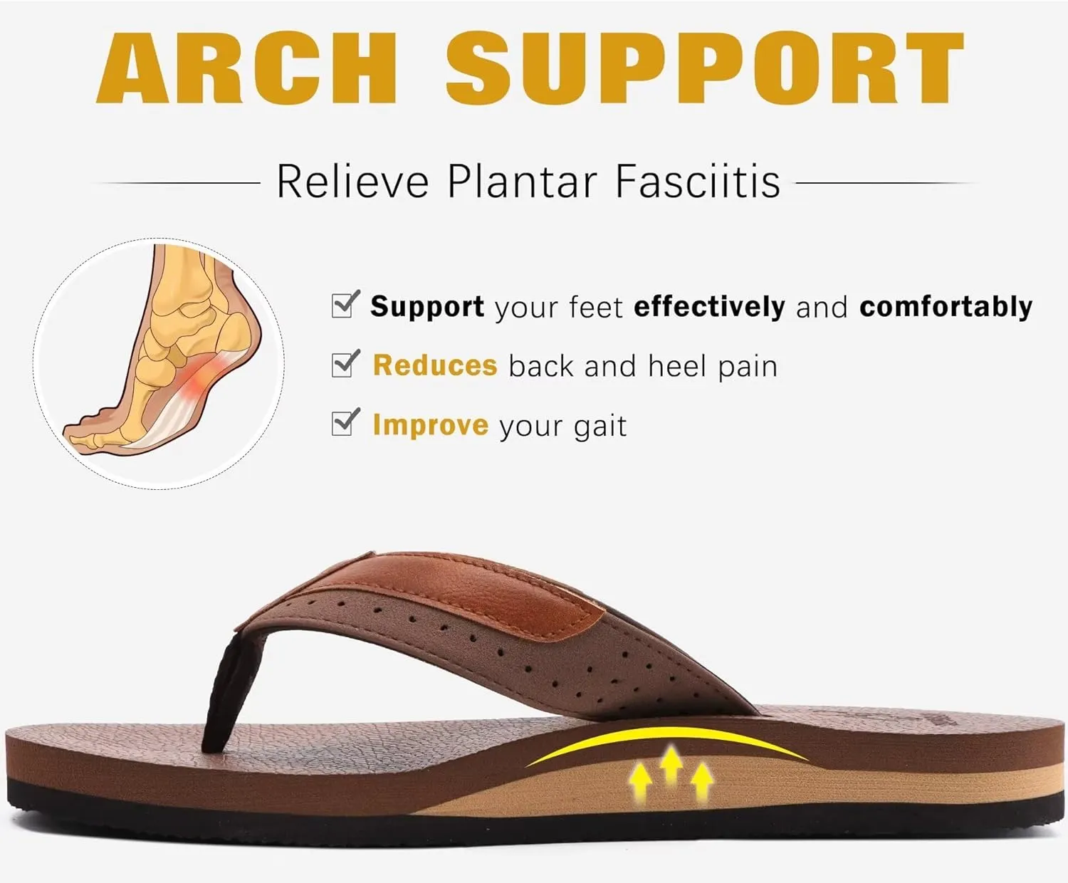 KuaiLu Men's Yoga Mat Leather Flip Flops with Arch Support Comfortable Cushion Walking Thong Sandals Slip On Indoor Outdoor