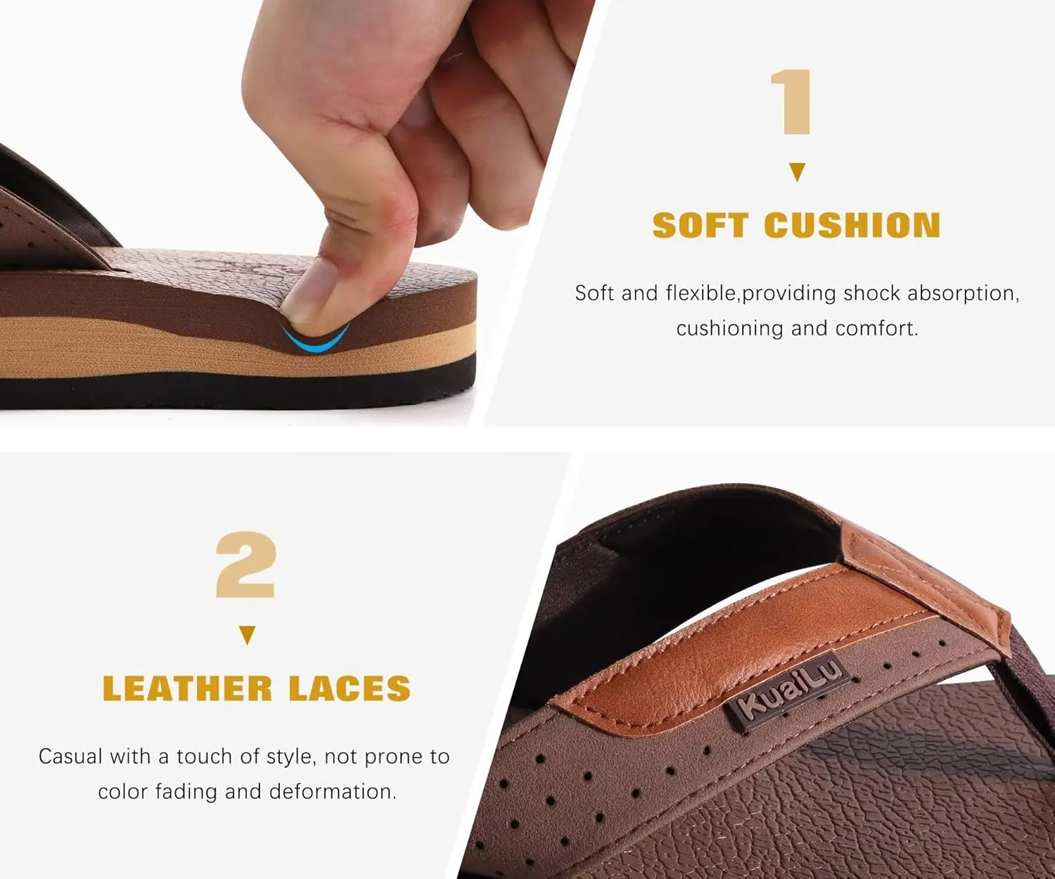 KuaiLu Men's Yoga Mat Leather Flip Flops with Arch Support Comfortable Cushion Walking Thong Sandals Slip On Indoor Outdoor