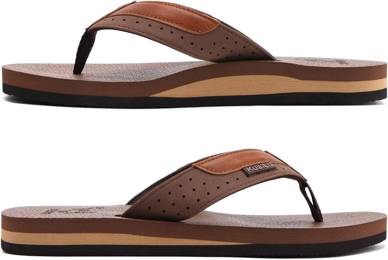 KuaiLu Men's Yoga Mat Leather Flip Flops with Arch Support Comfortable Cushion Walking Thong Sandals Slip On Indoor Outdoor