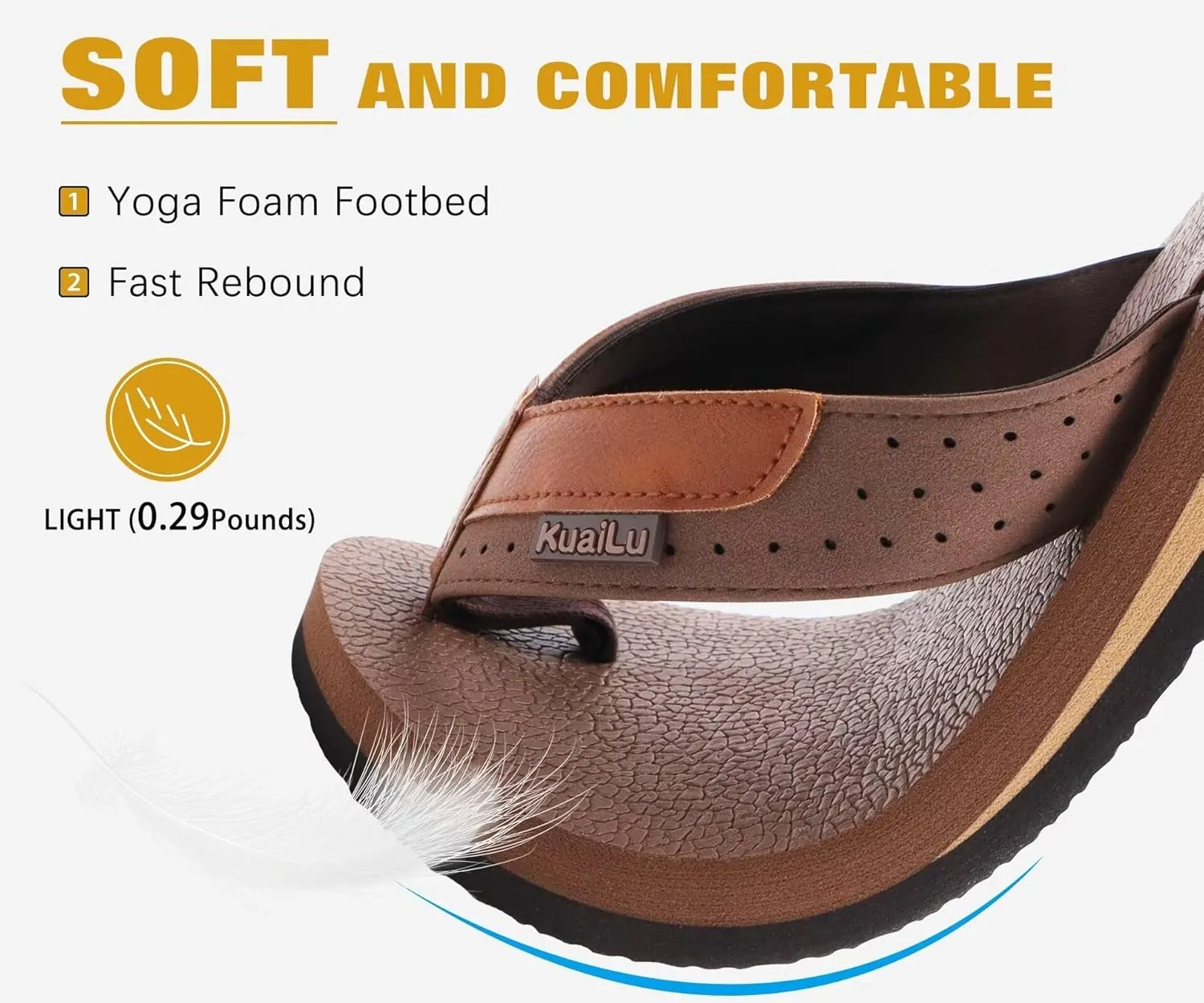KuaiLu Men's Yoga Mat Leather Flip Flops with Arch Support Comfortable Cushion Walking Thong Sandals Slip On Indoor Outdoor