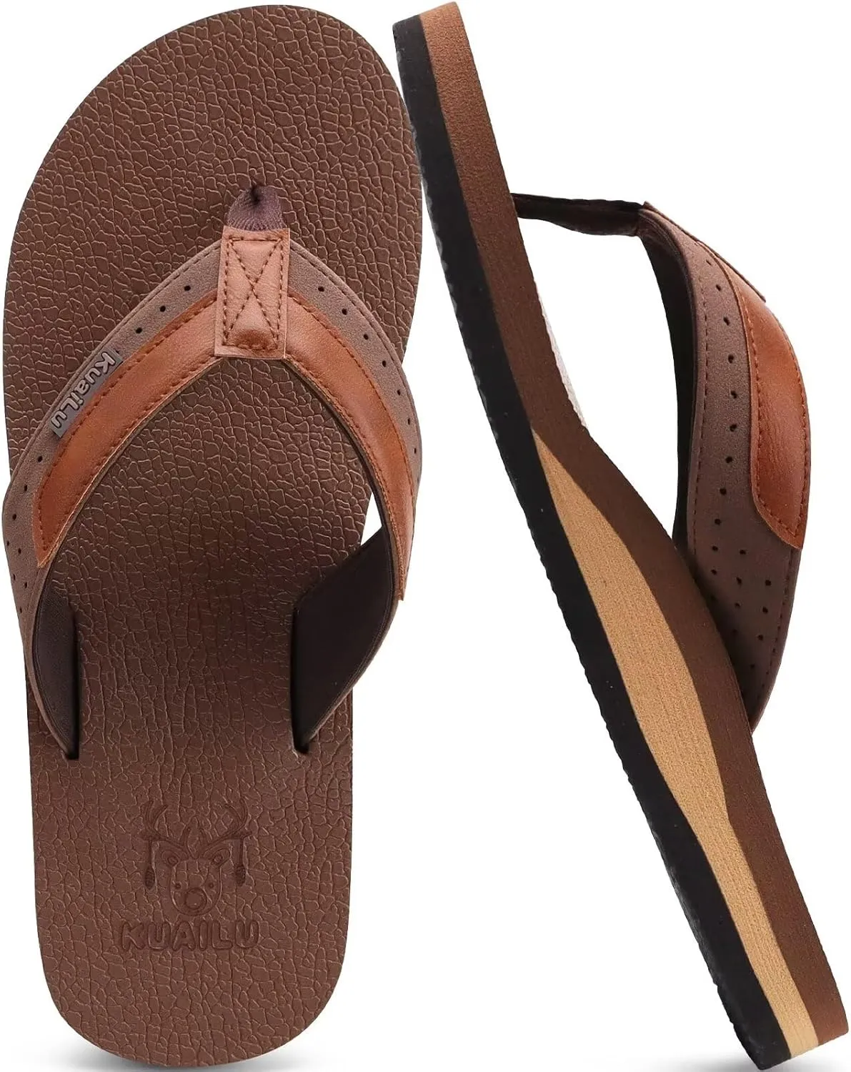 KuaiLu Men's Yoga Mat Leather Flip Flops with Arch Support Comfortable Cushion Walking Thong Sandals Slip On Indoor Outdoor