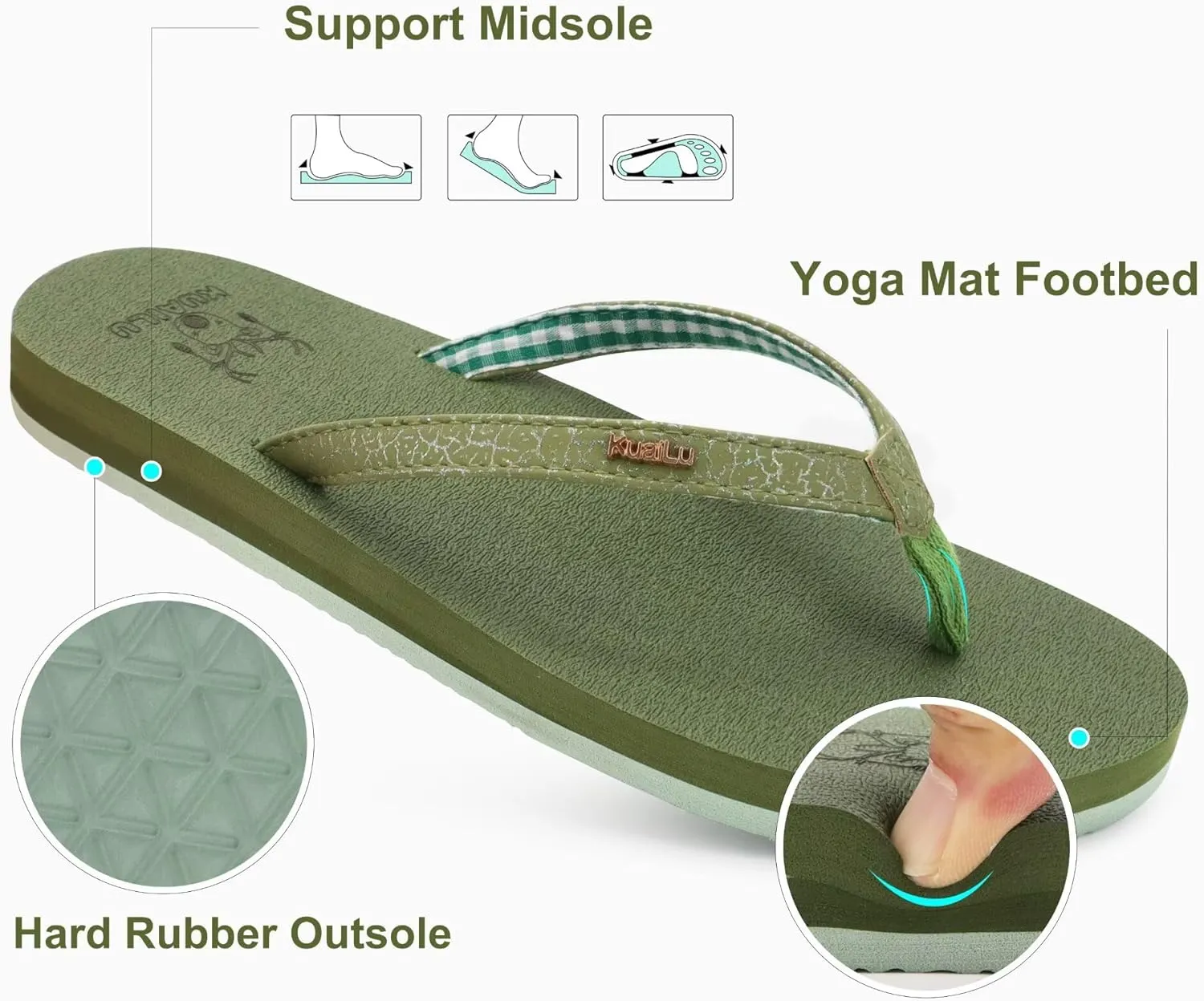 KuaiLu Womens Arch Support Flip Flops Comfortable Yoga Mat Slip on Summer Beach Walking Thong Cushion Sandals