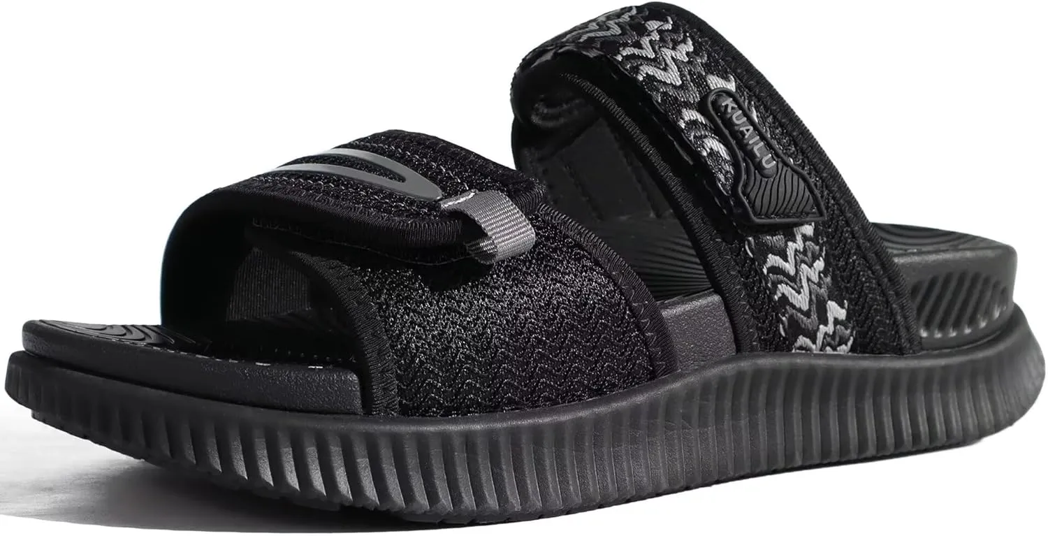KuaiLu Womens Athletic Cushion Recovery Walking Sandals Orthotic Adjustable Open Toe Slip On Slides Yoga Mat Comfortable Arch Support Black Size 6