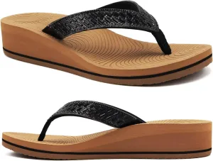 KuaiLu Womens Dressy Rhinestone Platform Flip Flops Trendy Comfortable Arch Support Cushion Walking Thong Sandals Yoga Foam Low Wedge Slippers Summer Pool Beach