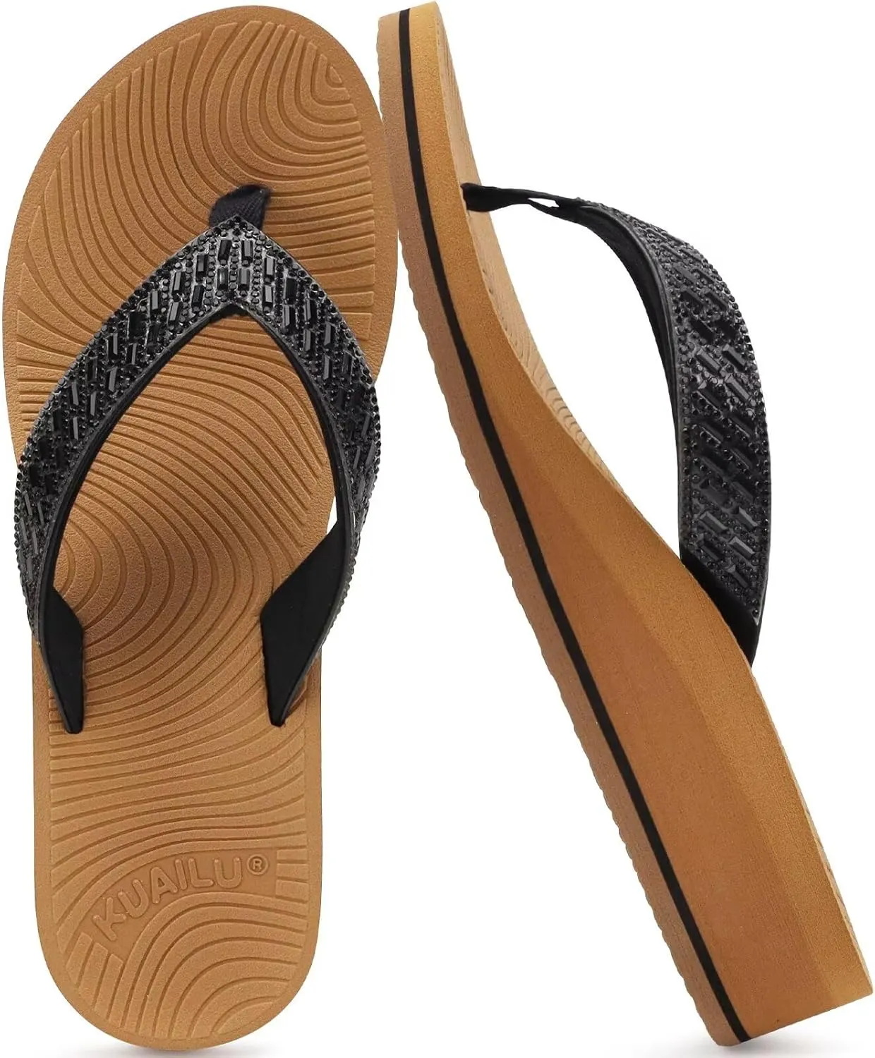 KuaiLu Womens Dressy Rhinestone Platform Flip Flops Trendy Comfortable Arch Support Cushion Walking Thong Sandals Yoga Foam Low Wedge Slippers Summer Pool Beach