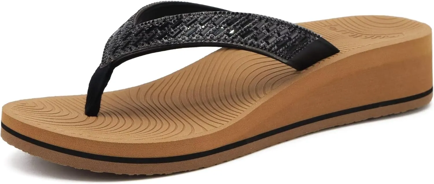 KuaiLu Womens Dressy Rhinestone Platform Flip Flops Trendy Comfortable Arch Support Cushion Walking Thong Sandals Yoga Foam Low Wedge Slippers Summer Pool Beach