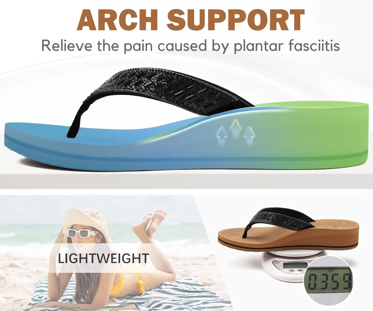KuaiLu Womens Dressy Rhinestone Platform Flip Flops Trendy Comfortable Arch Support Cushion Walking Thong Sandals Yoga Foam Low Wedge Slippers Summer Pool Beach