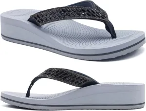 KuaiLu Womens Dressy Rhinestone Platform Flip Flops Trendy Comfortable Arch Support Cushion Walking Thong Sandals Yoga Foam Low Wedge Slippers Summer Pool Beach