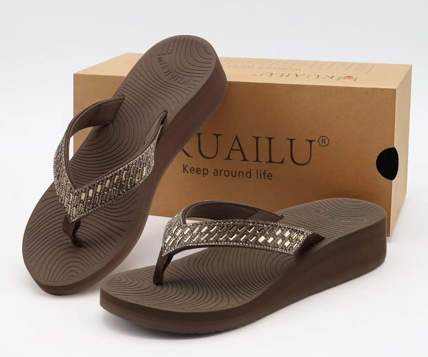 KuaiLu Womens Dressy Rhinestone Platform Flip Flops Trendy Comfortable Arch Support Cushion Walking Thong Sandals Yoga Foam Low Wedge Slippers Summer Pool Beach