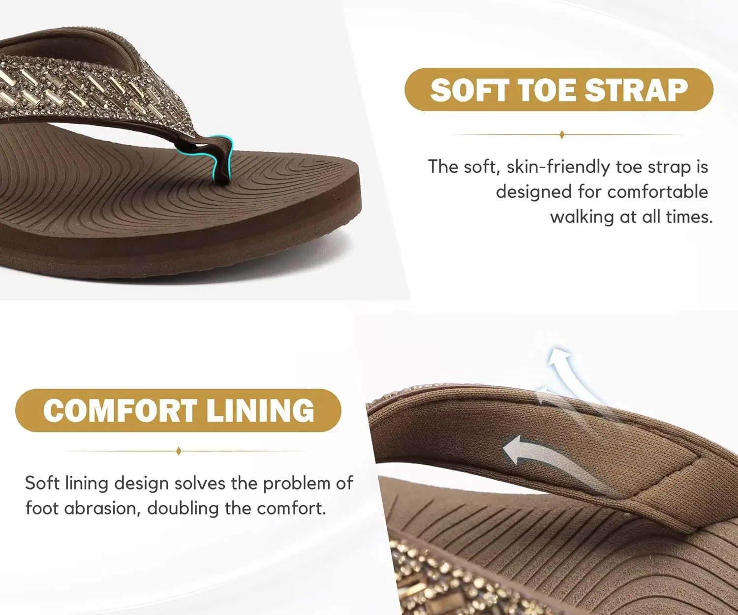KuaiLu Womens Dressy Rhinestone Platform Flip Flops Trendy Comfortable Arch Support Cushion Walking Thong Sandals Yoga Foam Low Wedge Slippers Summer Pool Beach