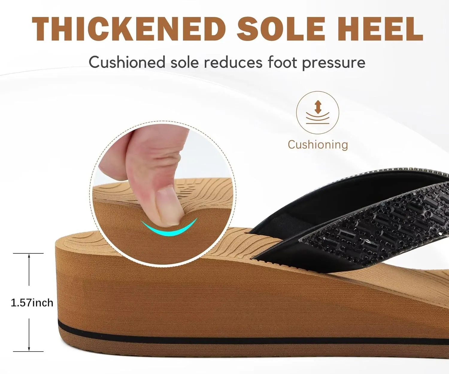 KuaiLu Womens Dressy Rhinestone Platform Flip Flops Trendy Comfortable Arch Support Cushion Walking Thong Sandals Yoga Foam Low Wedge Slippers Summer Pool Beach
