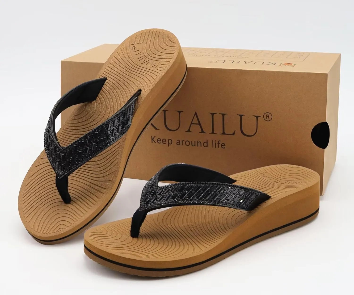 KuaiLu Womens Dressy Rhinestone Platform Flip Flops Trendy Comfortable Arch Support Cushion Walking Thong Sandals Yoga Foam Low Wedge Slippers Summer Pool Beach