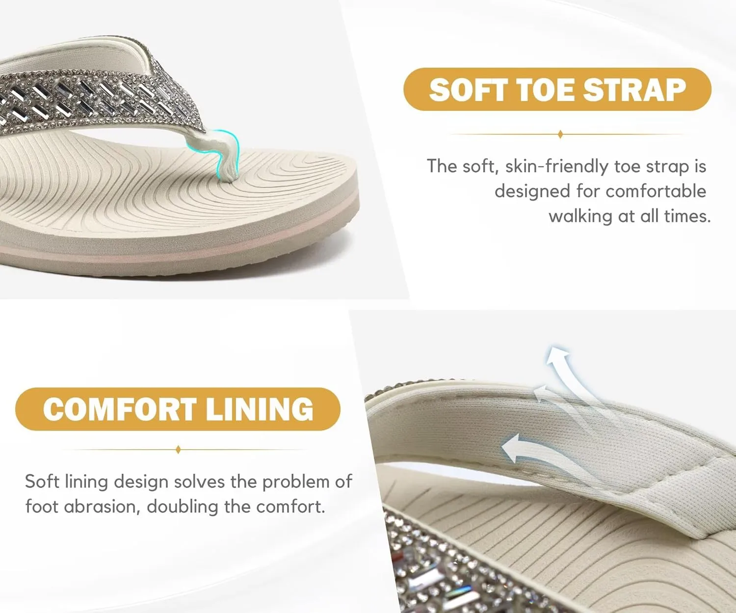 KuaiLu Womens Dressy Rhinestone Platform Flip Flops Trendy Comfortable Arch Support Cushion Walking Thong Sandals Yoga Foam Low Wedge Slippers Summer Pool Beach
