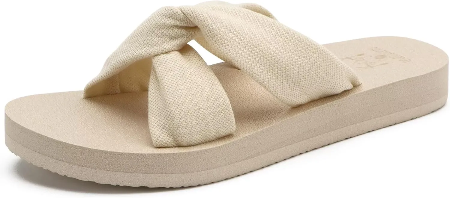 KuaiLu Womens Dressy Sandals with Arch Support Yoga Mat Comfortable Cushion Walking Criss Cross Slides Summer Beach Slip On Indoor Outdoor Slippers