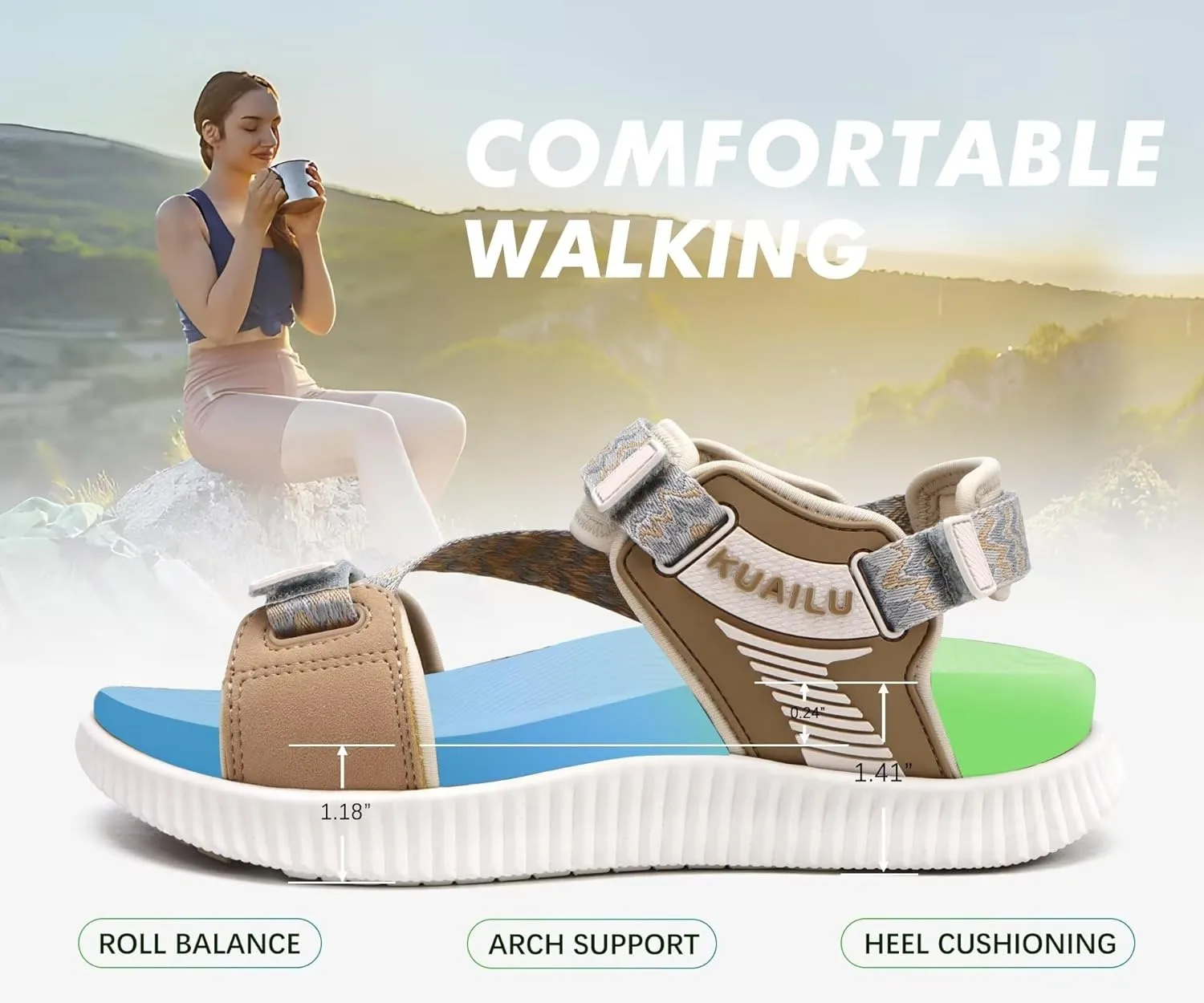 KuaiLu Womens Orthopedic Walking Sandals Recovery Sport Outdoor Hiking Water Sandles Thick Athletic Cushion Adjustable Leather Strap Sandals with Comfortable Plantar Fasciitis Arch Support