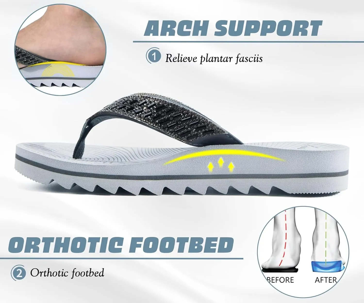 KuaiLu Womens Orthotic Flip Flops with Arch Support Yoga Mat Cushion Fashion Rhinestone Sandals Summer Walking Beach Travel Thong Slides Comfy Plantar Fasciitis Indoor Outdoor Sandles US5-11