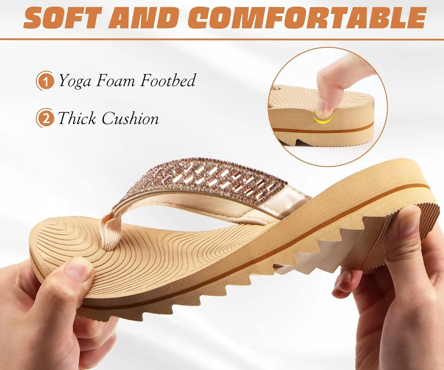 KuaiLu Womens Orthotic Flip Flops with Arch Support Yoga Mat Cushion Fashion Rhinestone Sandals Summer Walking Beach Travel Thong Slides Comfy Plantar Fasciitis Indoor Outdoor Sandles US5-11