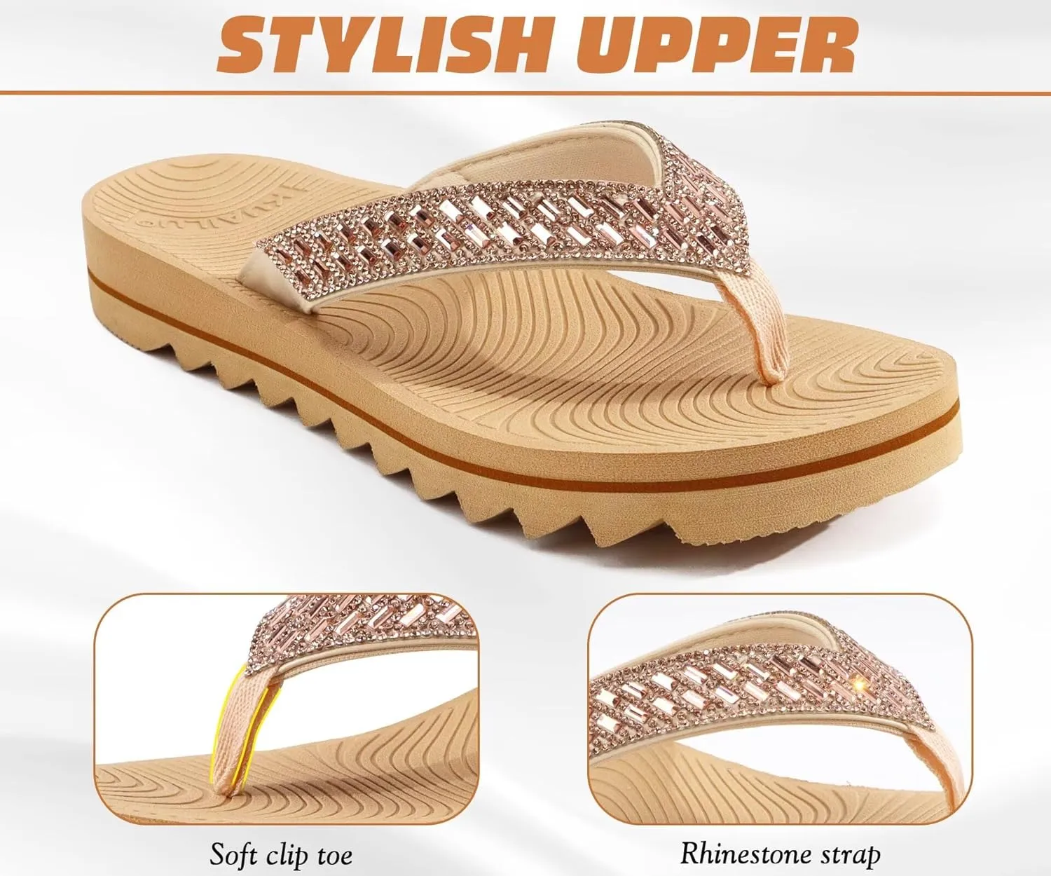 KuaiLu Womens Orthotic Flip Flops with Arch Support Yoga Mat Cushion Fashion Rhinestone Sandals Summer Walking Beach Travel Thong Slides Comfy Plantar Fasciitis Indoor Outdoor Sandles US5-11