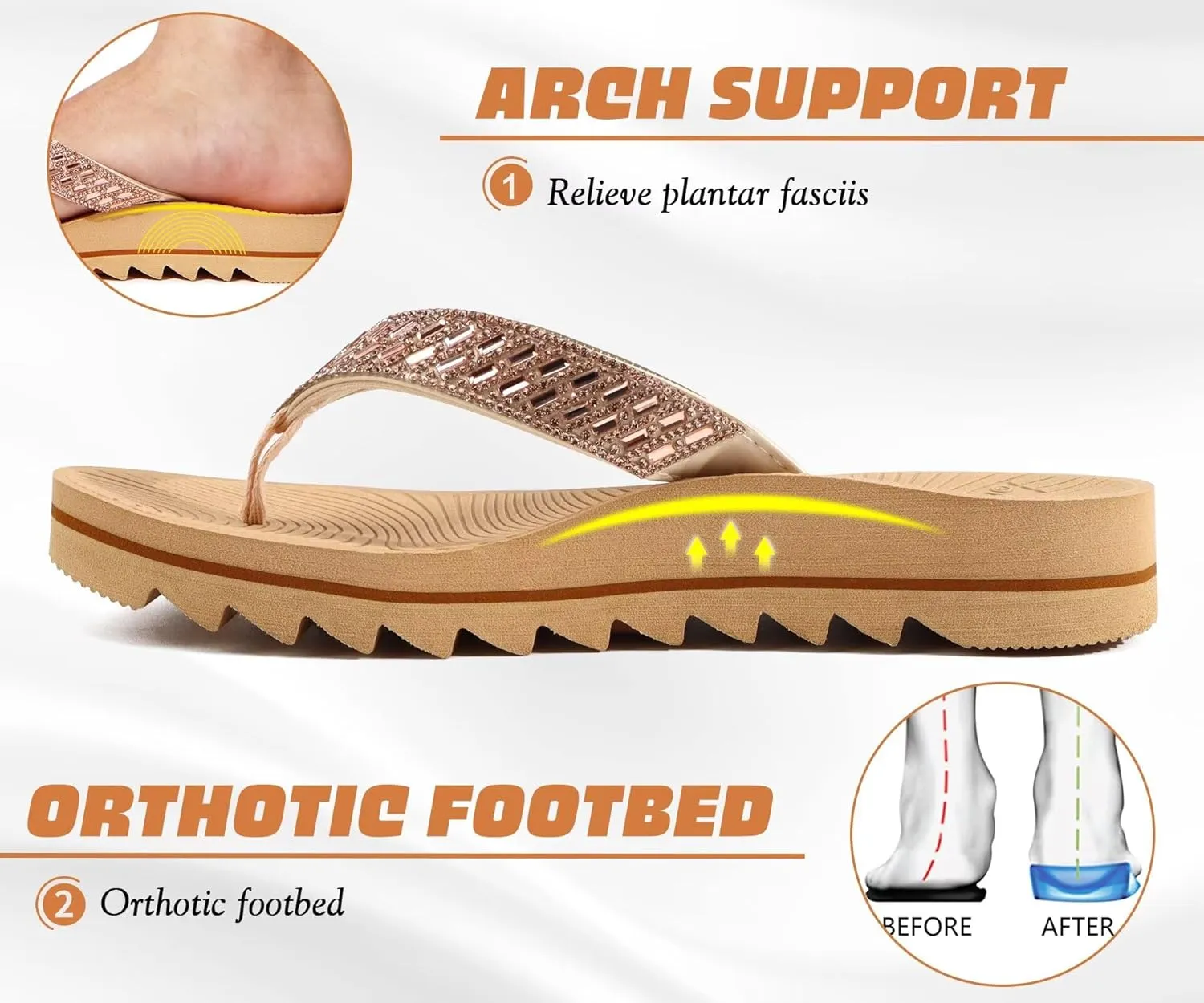KuaiLu Womens Orthotic Flip Flops with Arch Support Yoga Mat Cushion Fashion Rhinestone Sandals Summer Walking Beach Travel Thong Slides Comfy Plantar Fasciitis Indoor Outdoor Sandles US5-11