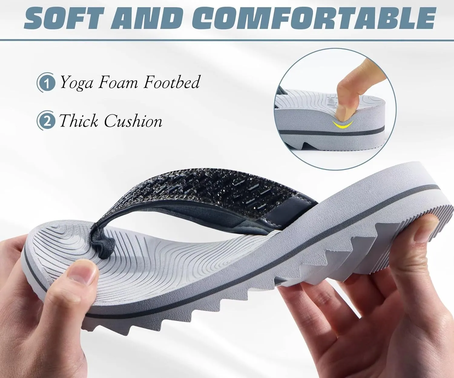 KuaiLu Womens Orthotic Flip Flops with Arch Support Yoga Mat Cushion Fashion Rhinestone Sandals Summer Walking Beach Travel Thong Slides Comfy Plantar Fasciitis Indoor Outdoor Sandles US5-11