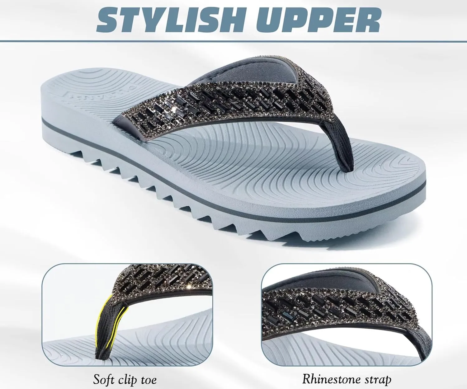 KuaiLu Womens Orthotic Flip Flops with Arch Support Yoga Mat Cushion Fashion Rhinestone Sandals Summer Walking Beach Travel Thong Slides Comfy Plantar Fasciitis Indoor Outdoor Sandles US5-11