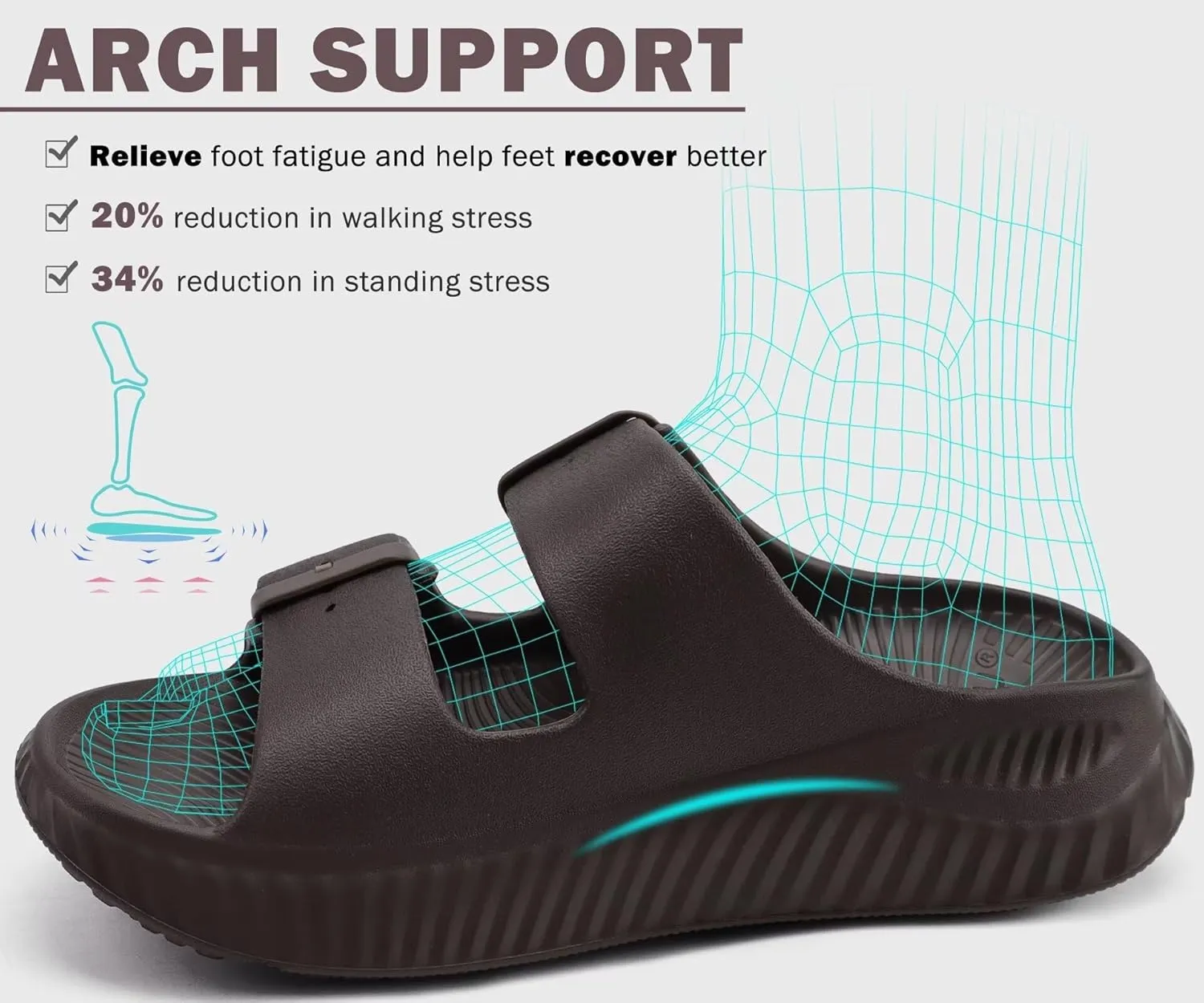 KuaiLu Womens Recovery Sandals With Comfortable Plantar Fasciitis Arch Support, Orthotic Adjustable Thick Cushion Sport Slides Reduces Stress on Feet, Joints & Back Post-Exercise
