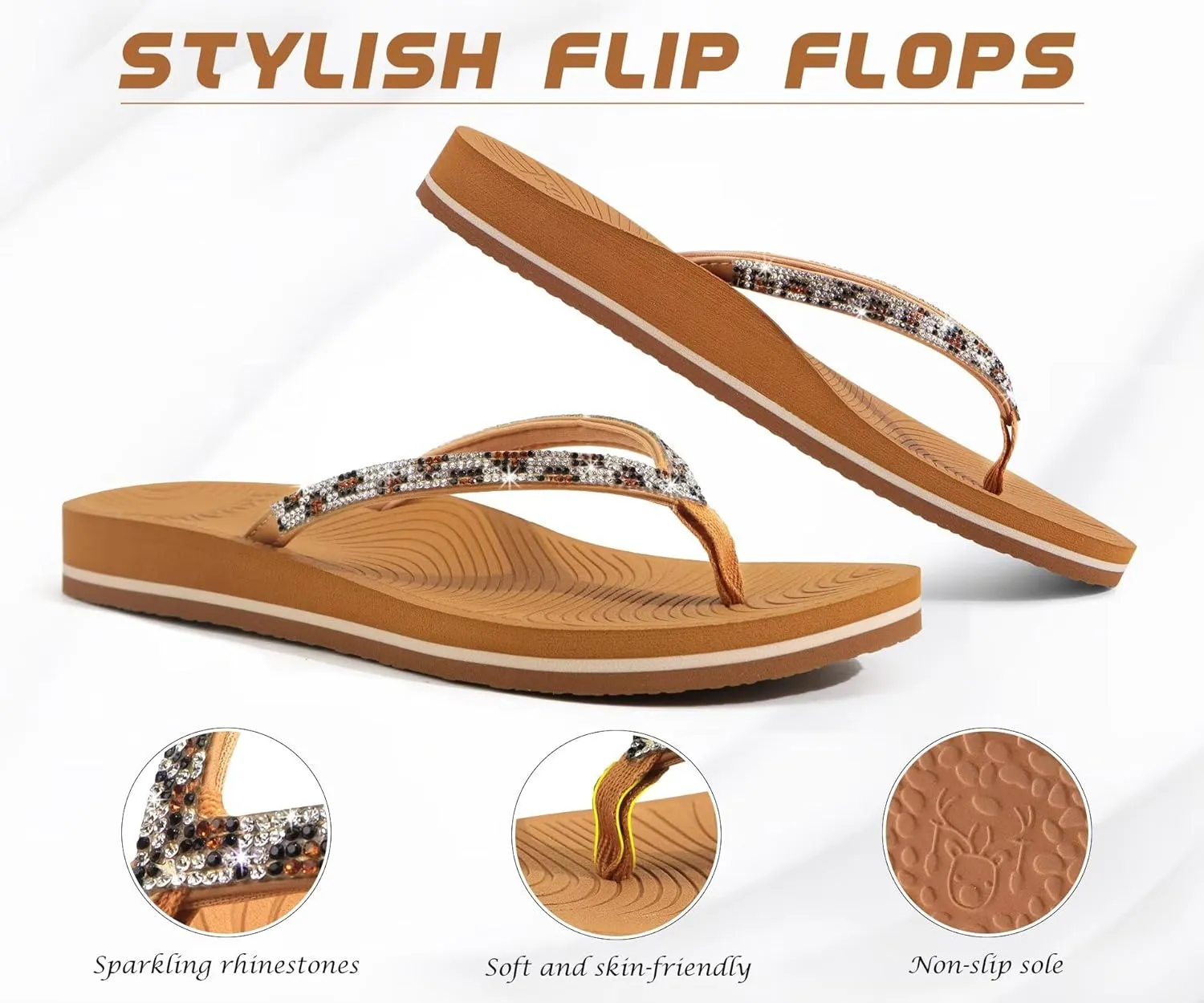 KuaiLu Women's Rhinestone Flip Flops with Comfort Arch Support Yoga Mat Cushion Sandals Fashion Summer Beach Travel Orthotic Walking Thong Sandles Slip on Plantar Fasciitis Indoor Outdoor Shoes