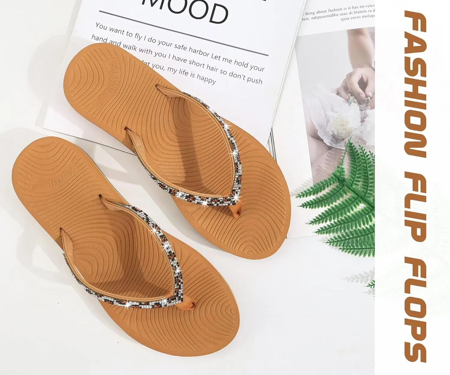 KuaiLu Women's Rhinestone Flip Flops with Comfort Arch Support Yoga Mat Cushion Sandals Fashion Summer Beach Travel Orthotic Walking Thong Sandles Slip on Plantar Fasciitis Indoor Outdoor Shoes