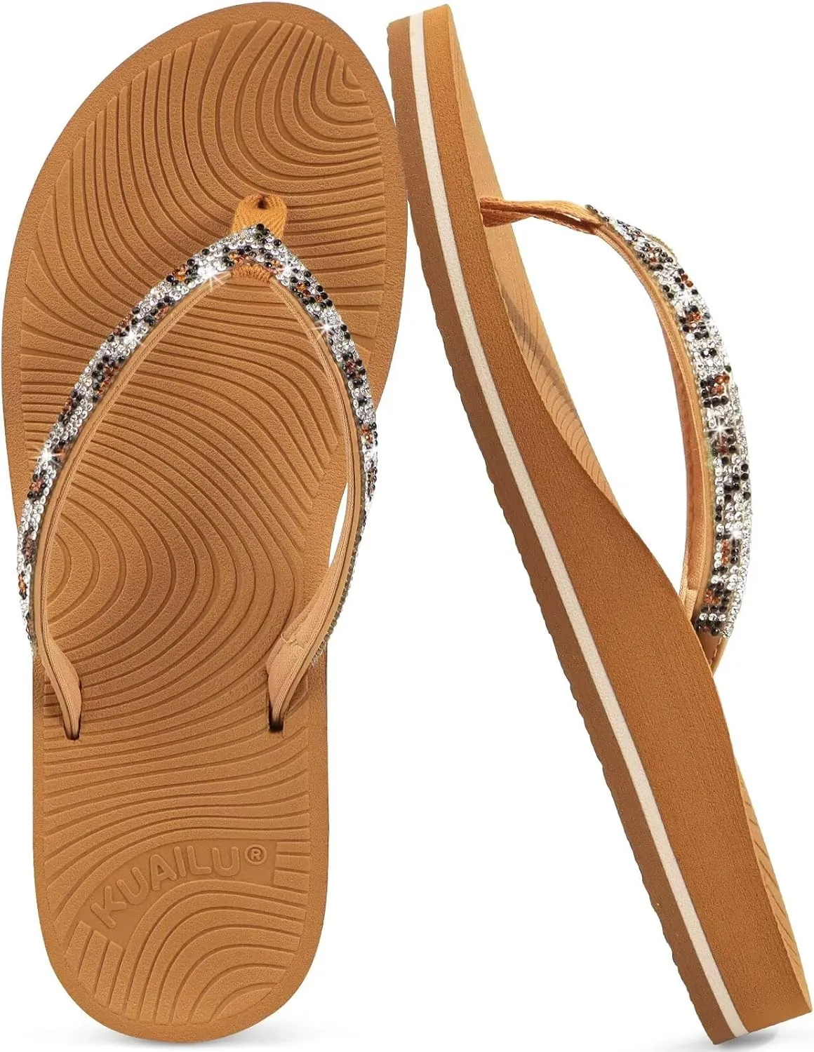 KuaiLu Women's Rhinestone Flip Flops with Comfort Arch Support Yoga Mat Cushion Sandals Fashion Summer Beach Travel Orthotic Walking Thong Sandles Slip on Plantar Fasciitis Indoor Outdoor Shoes