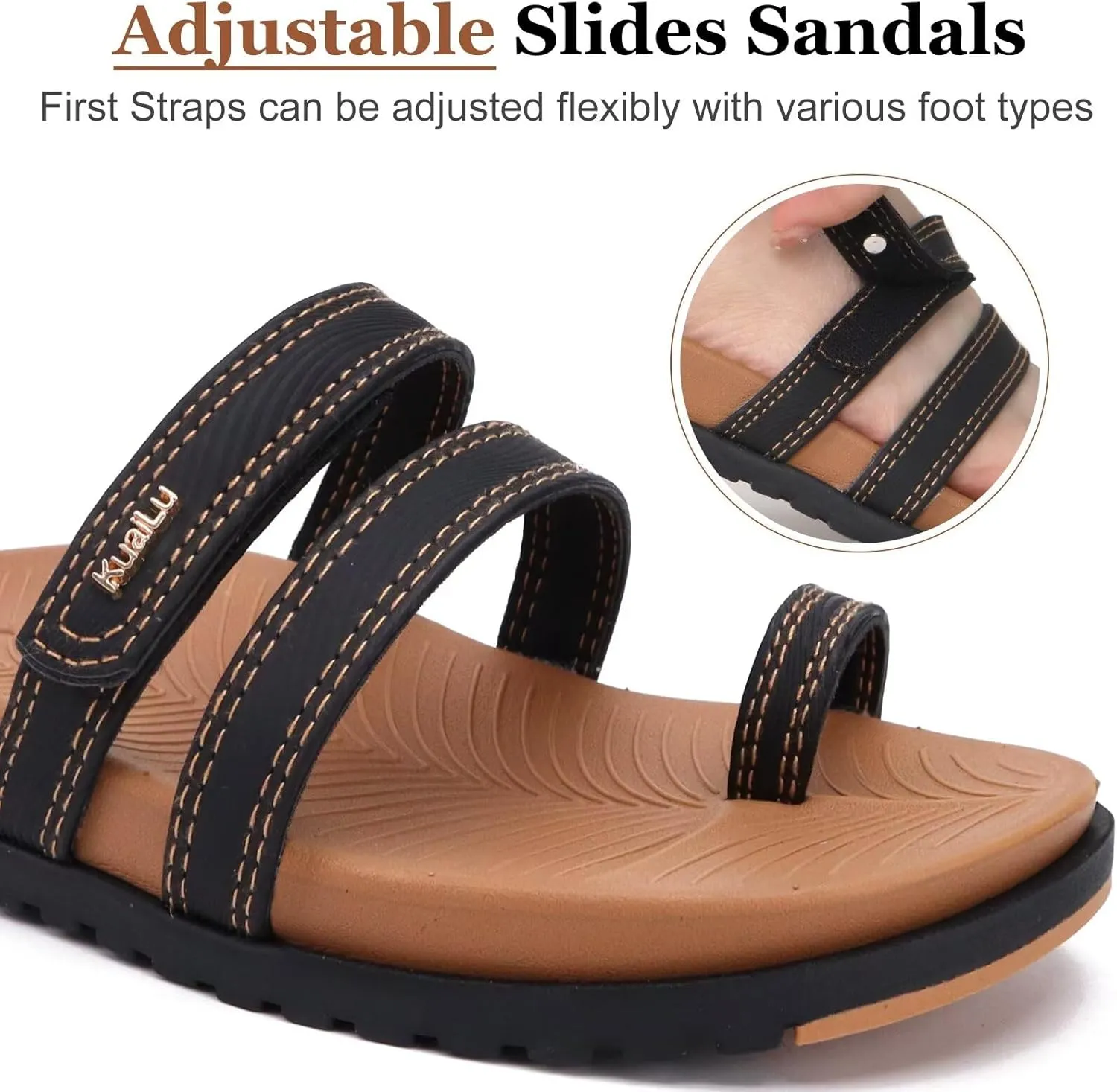 KuaiLu Womens Slides Sandals with Plantar Fasciitis Arch Support Fashion Comfort Adjustable Flat Sandals Ladies Lightweight Orthotic Slip on Sandals