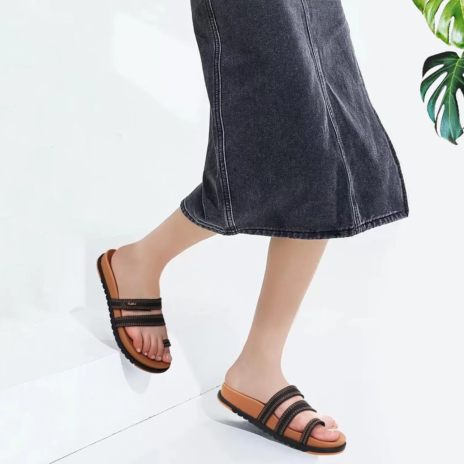 KuaiLu Womens Slides Sandals with Plantar Fasciitis Arch Support Fashion Comfort Adjustable Flat Sandals Ladies Lightweight Orthotic Slip on Sandals