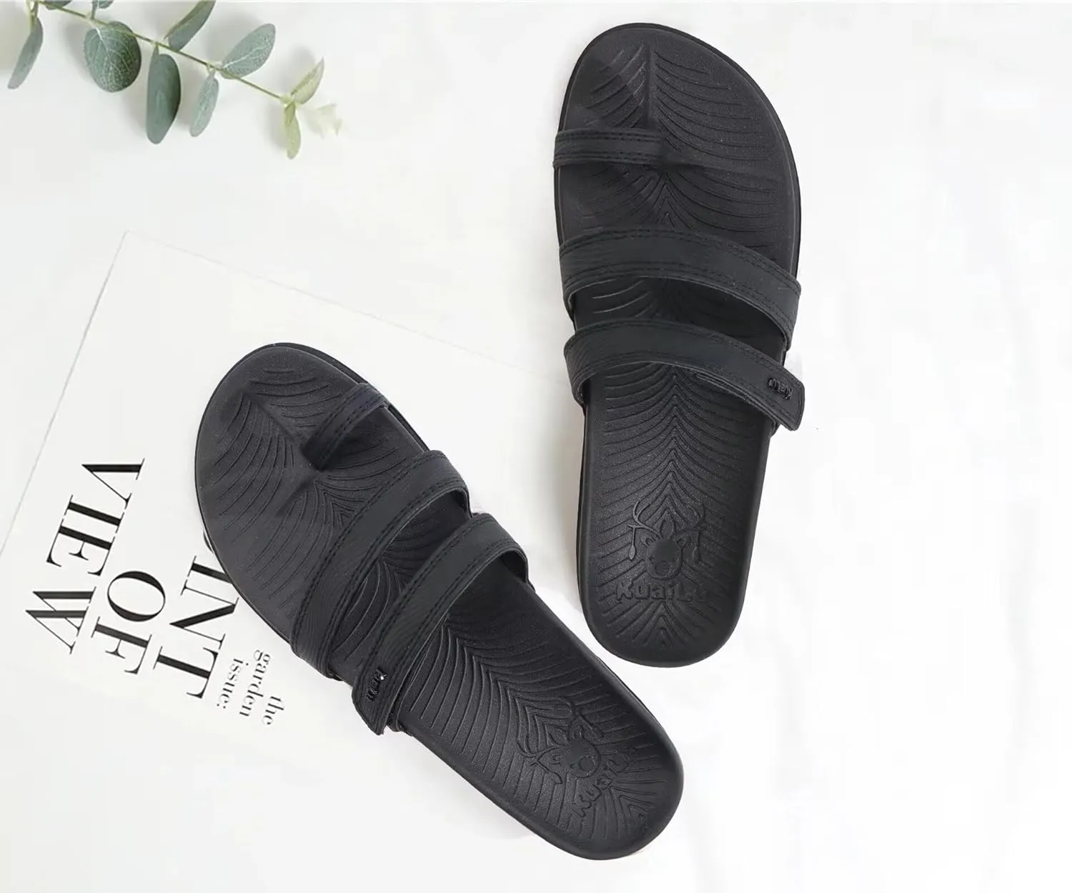 KuaiLu Womens Slides Sandals with Plantar Fasciitis Arch Support Fashion Comfort Adjustable Flat Sandals Ladies Lightweight Orthotic Slip on Sandals
