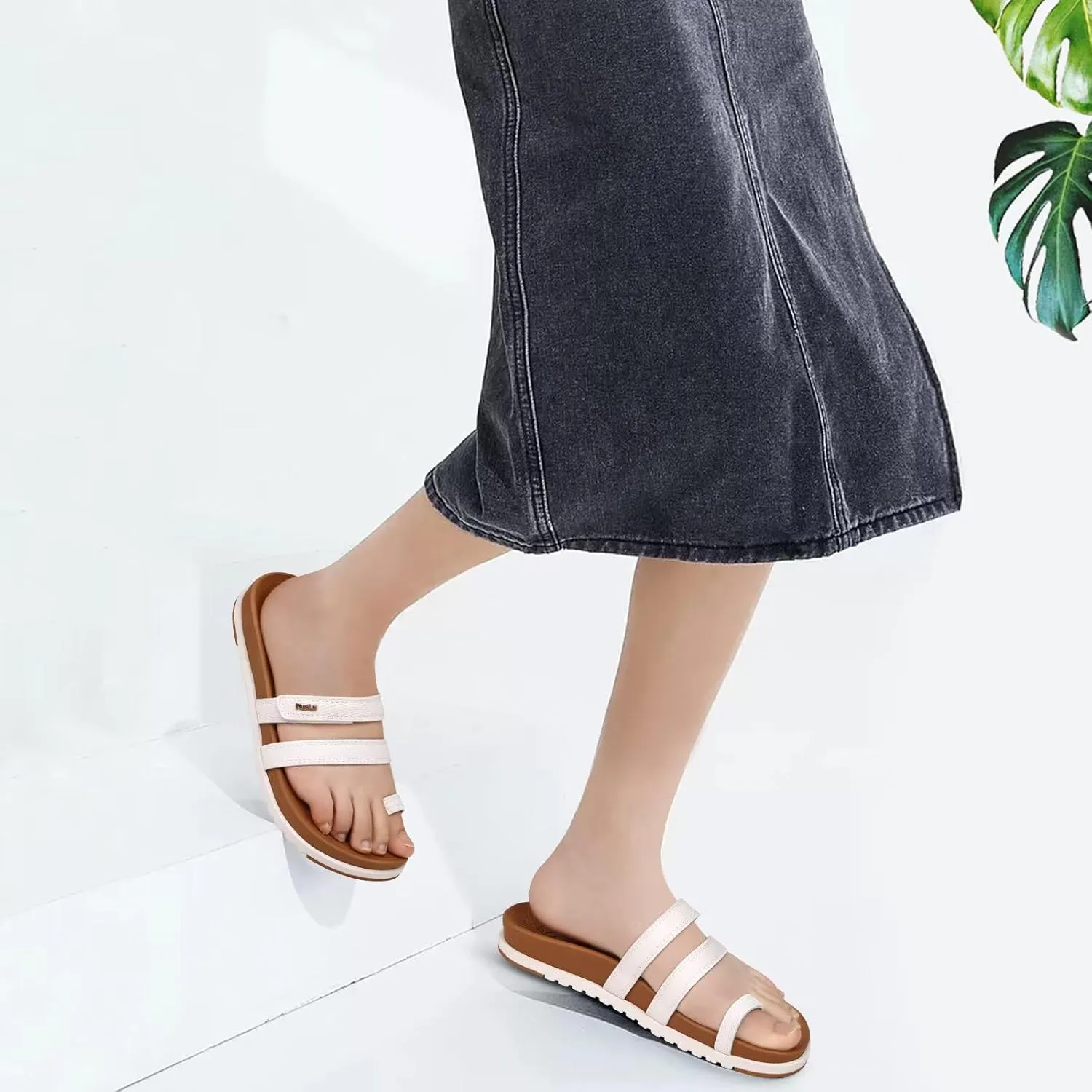 KuaiLu Womens Slides Sandals with Plantar Fasciitis Arch Support Fashion Comfort Adjustable Flat Sandals Ladies Lightweight Orthotic Slip on Sandals