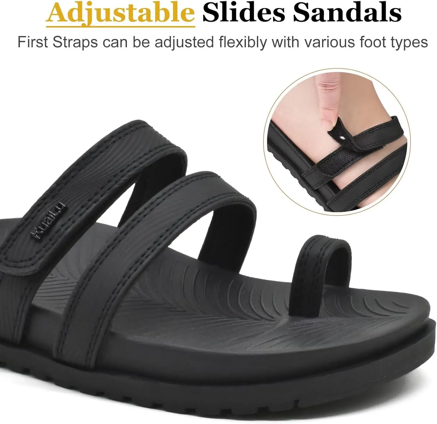KuaiLu Womens Slides Sandals with Plantar Fasciitis Arch Support Fashion Comfort Adjustable Flat Sandals Ladies Lightweight Orthotic Slip on Sandals