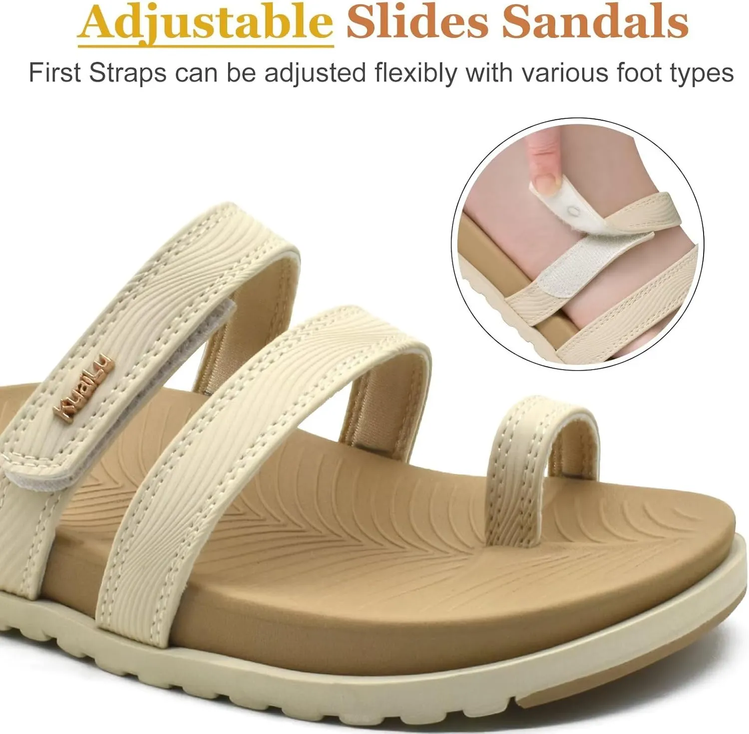 KuaiLu Womens Slides Sandals with Plantar Fasciitis Arch Support Fashion Comfort Adjustable Flat Sandals Ladies Lightweight Orthotic Slip on Sandals