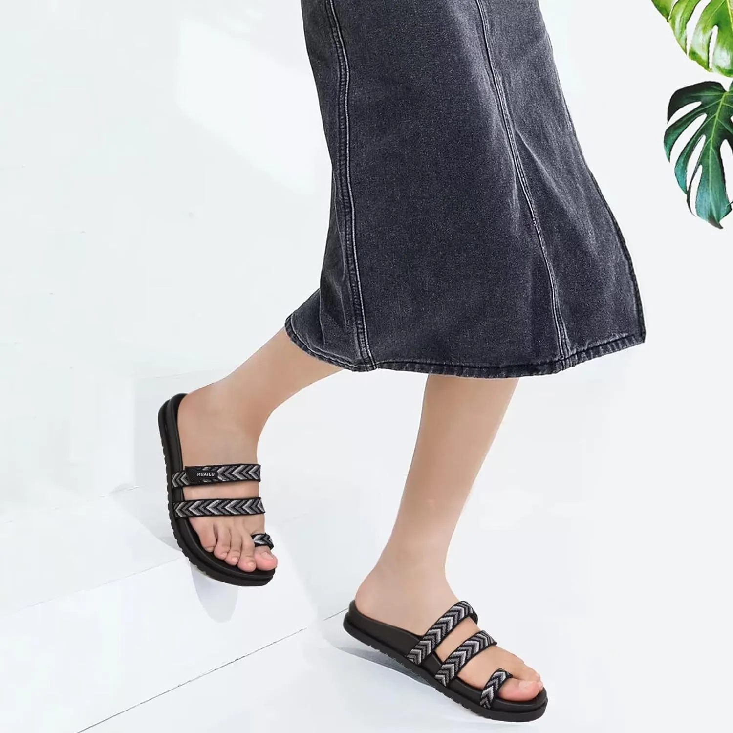 KuaiLu Womens Slides Sandals with Plantar Fasciitis Arch Support Fashion Comfort Adjustable Flat Sandals Ladies Lightweight Orthotic Slip on Sandals