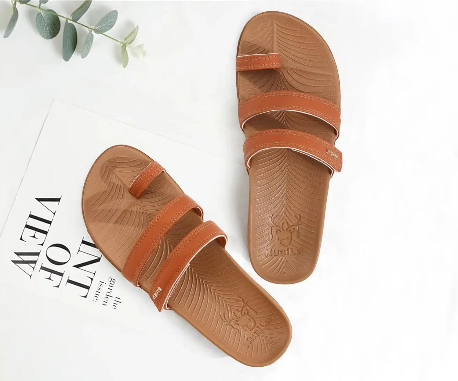 KuaiLu Womens Slides Sandals with Plantar Fasciitis Arch Support Fashion Comfort Adjustable Flat Sandals Ladies Lightweight Orthotic Slip on Sandals