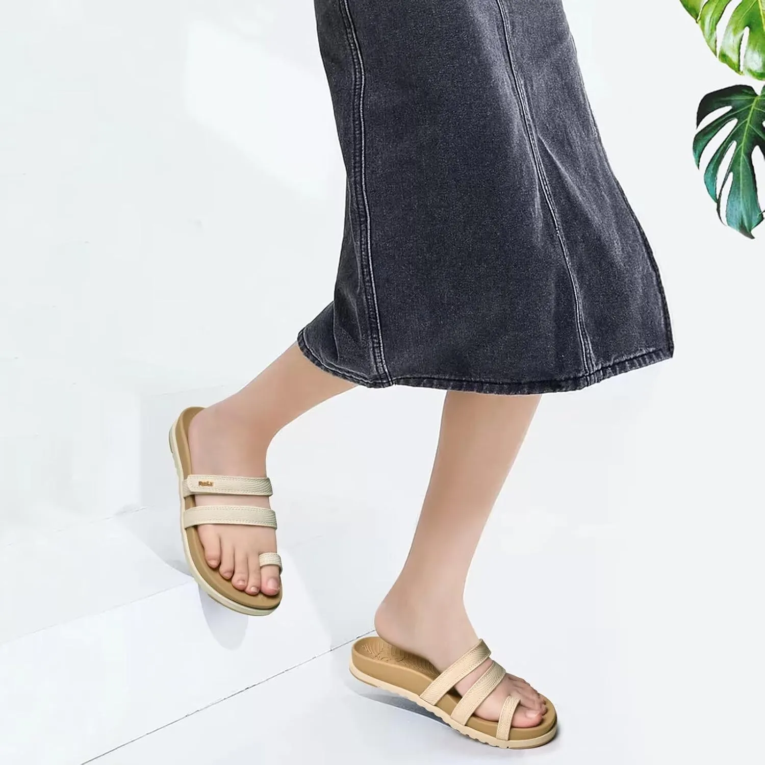 KuaiLu Womens Slides Sandals with Plantar Fasciitis Arch Support Fashion Comfort Adjustable Flat Sandals Ladies Lightweight Orthotic Slip on Sandals